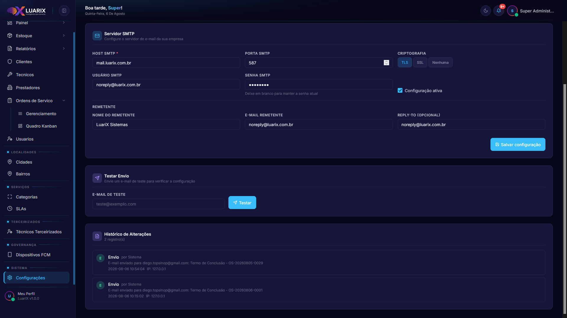 Configurações — Servidor SMTP