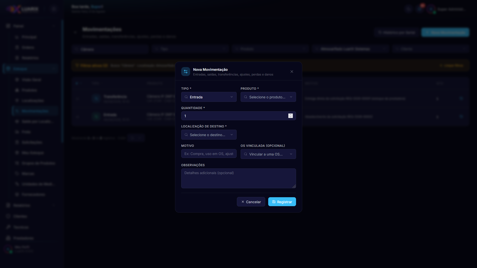 Registro de nova movimentação