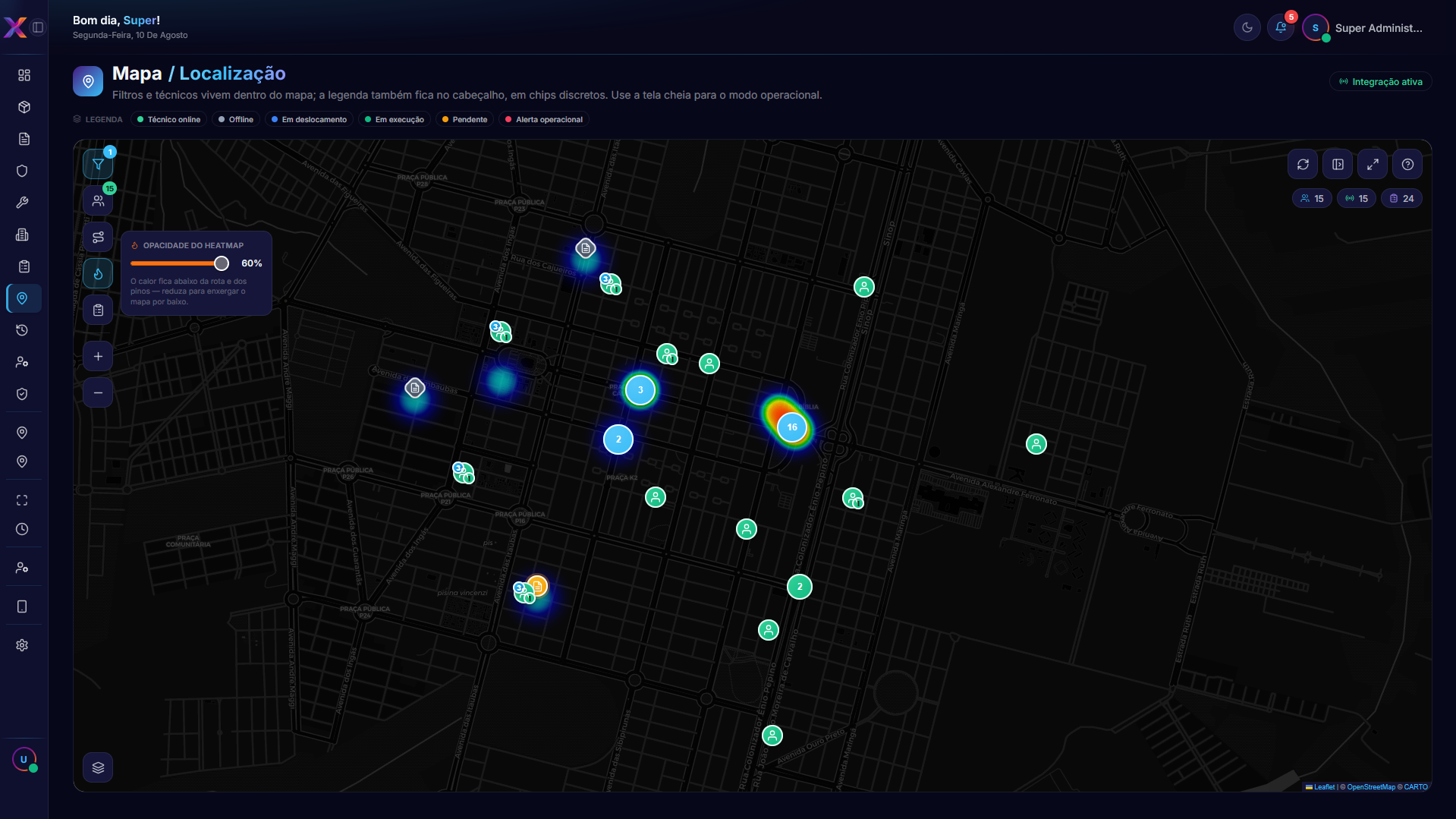 Mapa com os controles flutuantes