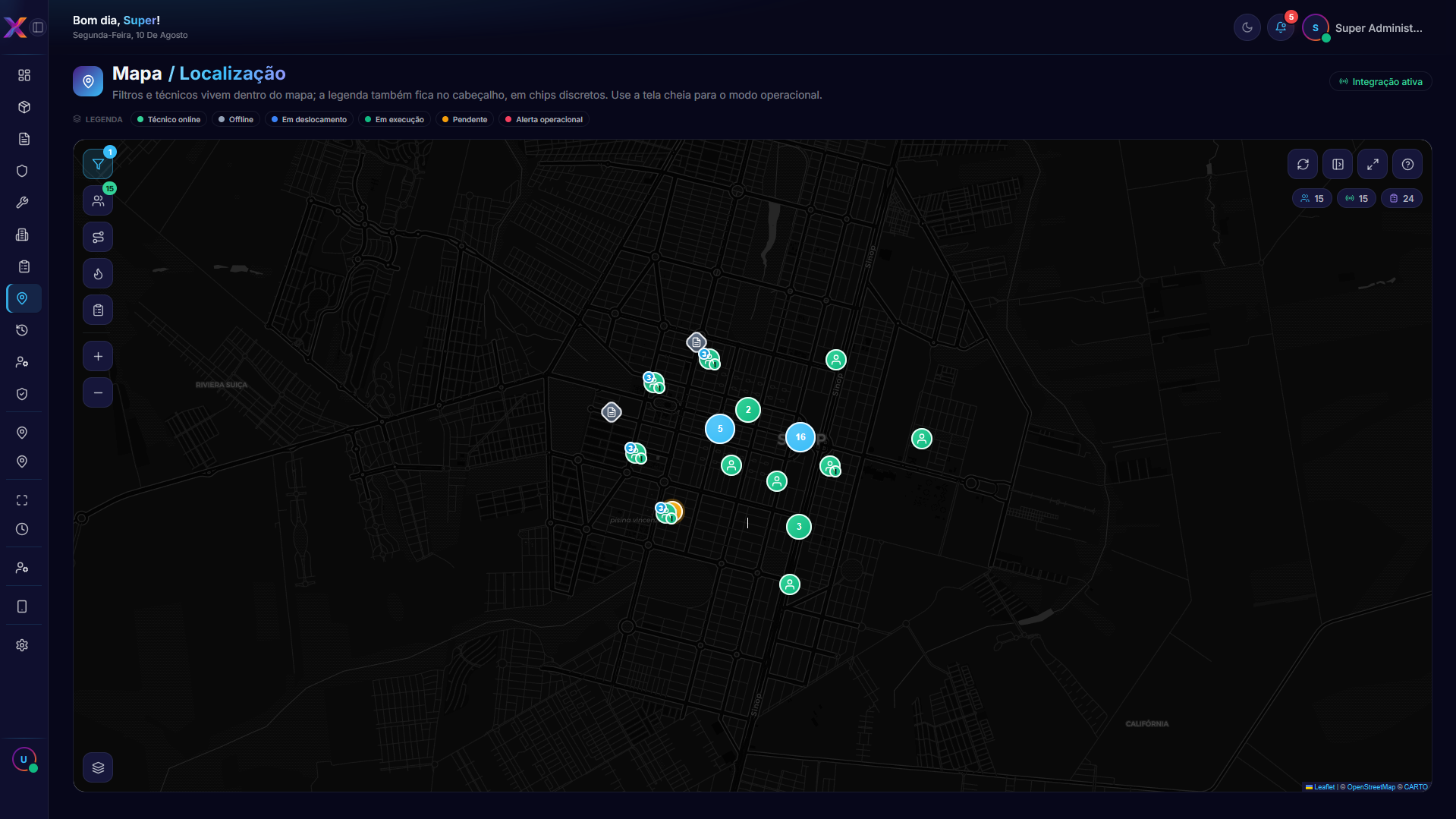 Mapa com técnicos e OS em andamento