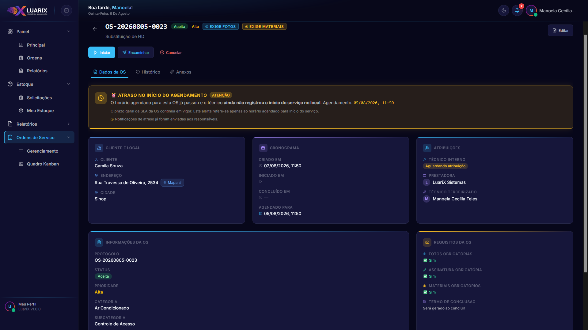 Ficha da OS na visão do técnico
